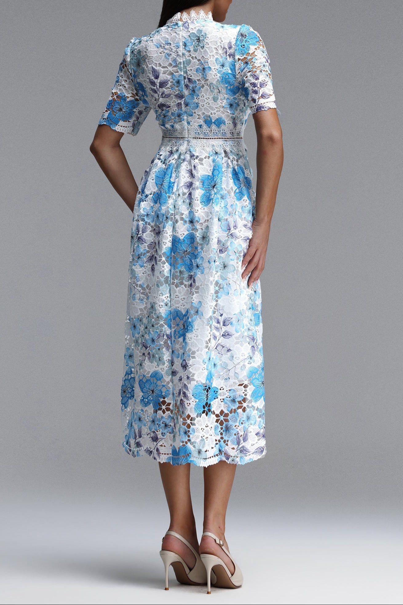 Blue Floral Hollow Lace High Neck Short Puff Sleeve Midi A-Line Dress