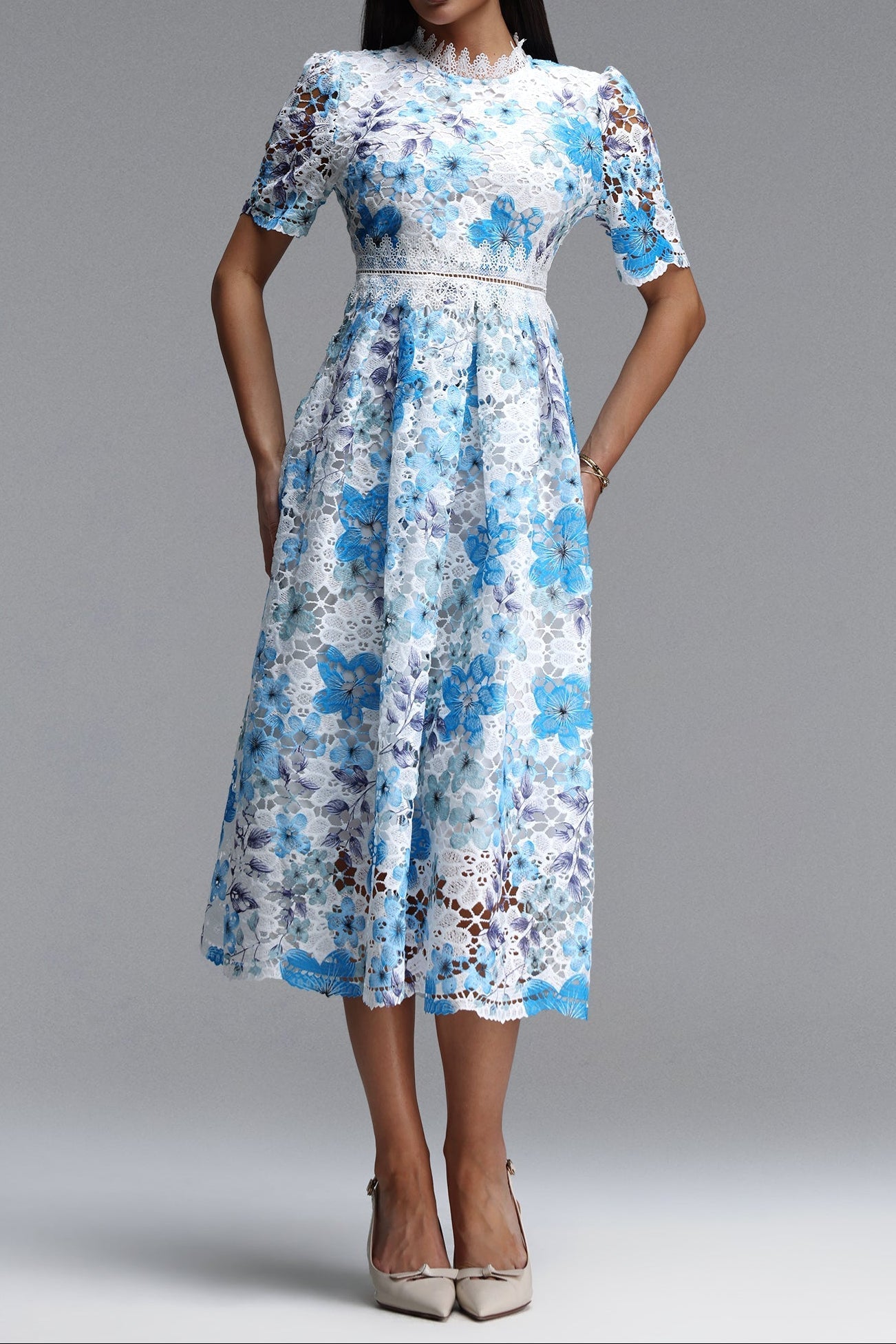 Blue Floral Hollow Lace High Neck Short Puff Sleeve Midi A-Line Dress