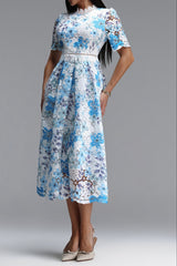 Blue Floral Hollow Lace High Neck Short Puff Sleeve Midi A-Line Dress