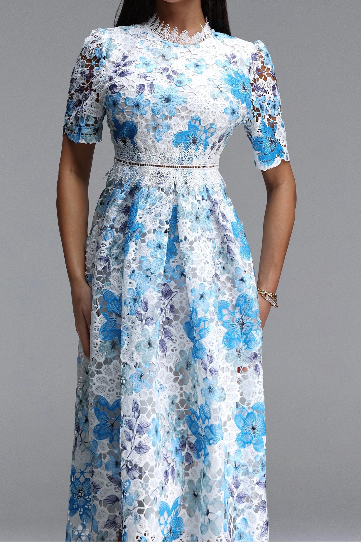Blue Floral Hollow Lace High Neck Short Puff Sleeve Midi A-Line Dress