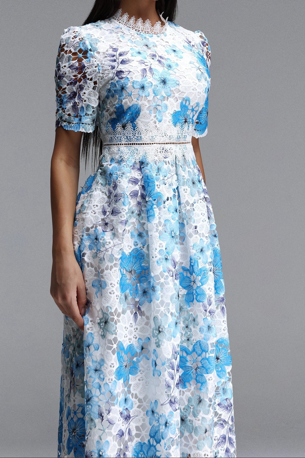 Blue Floral Hollow Lace High Neck Short Puff Sleeve Midi A-Line Dress
