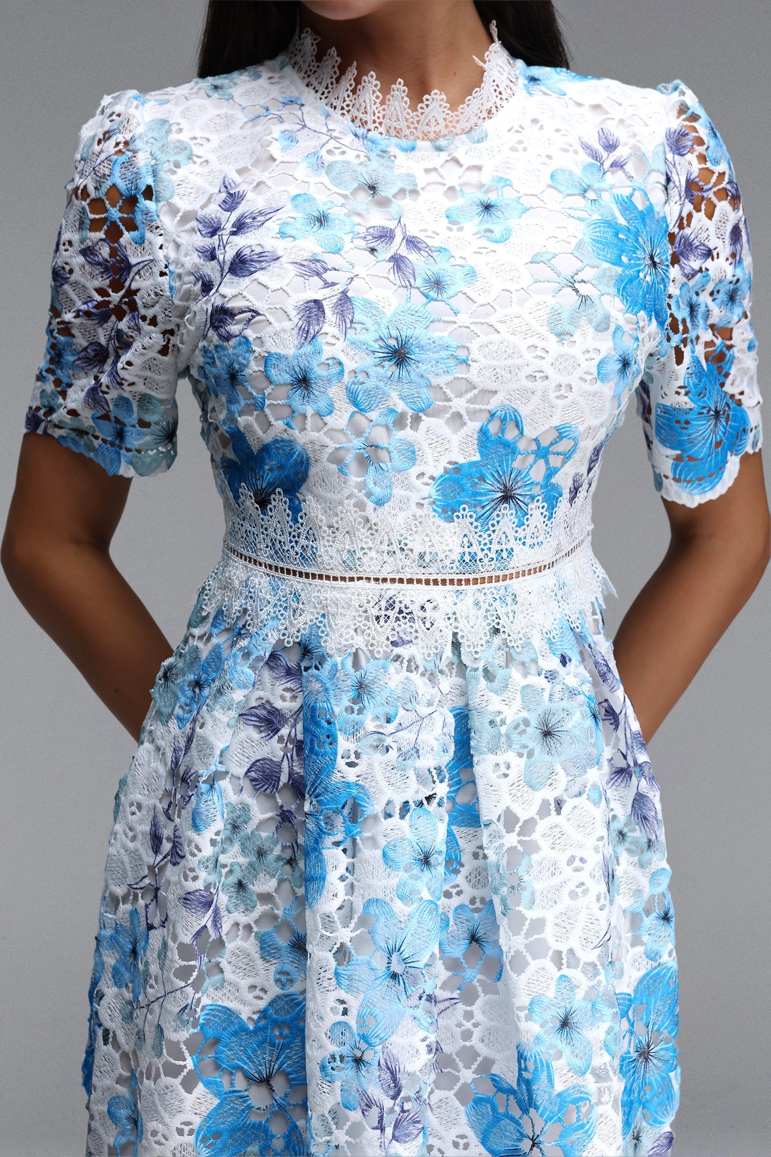 Blue Floral Hollow Lace High Neck Short Puff Sleeve Midi A-Line Dress