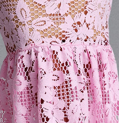Pink Hollow Floral Lace Thin Strap Scalloped Neck Dress