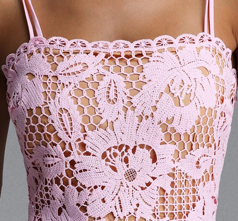 Pink Hollow Floral Lace Thin Strap Scalloped Neck Dress