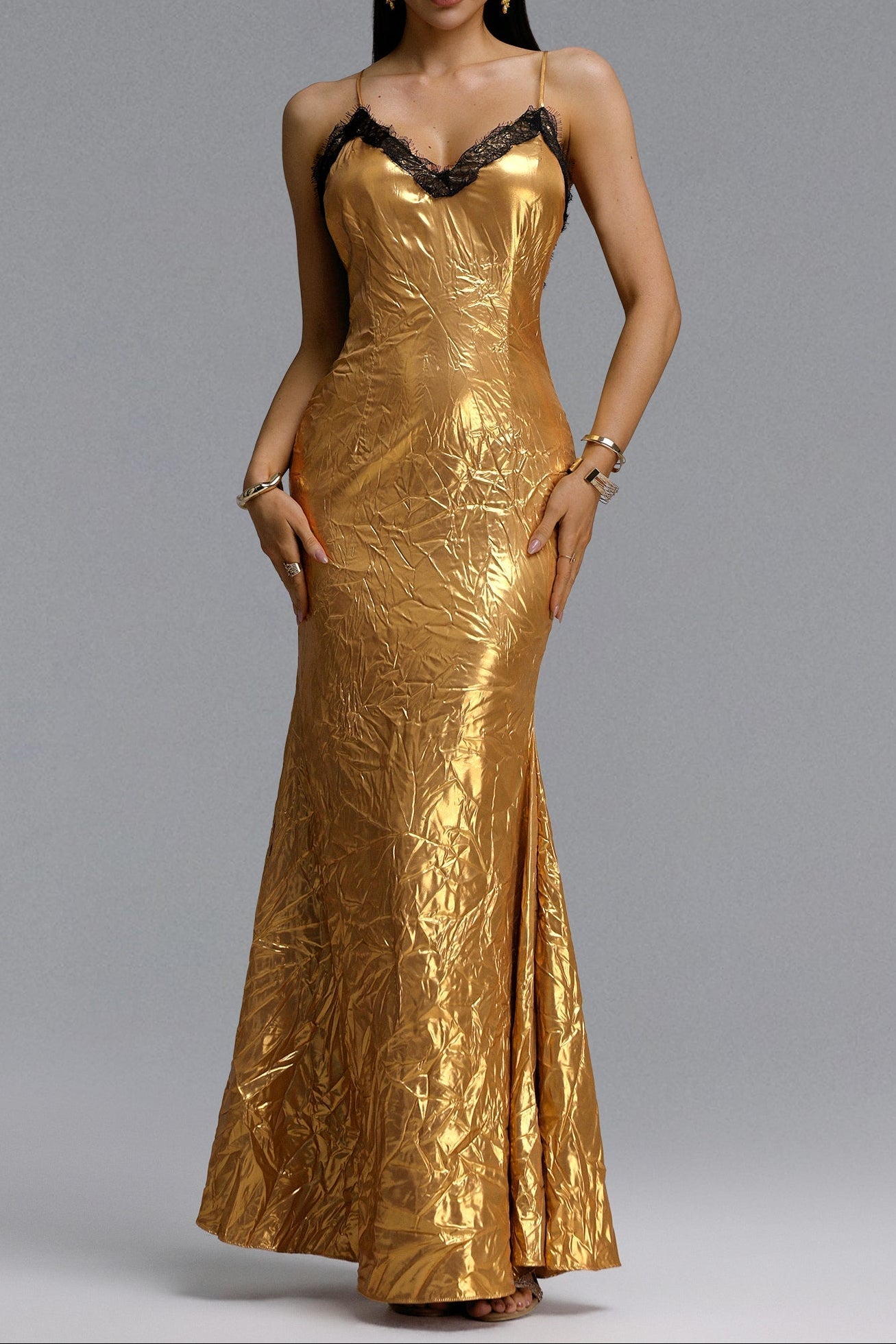 Black Lace Trim Gold Strap Maxi Dress