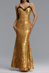 Black Lace Trim Gold Strap Maxi Dress