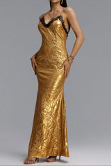 Black Lace Trim Gold Strap Maxi Dress