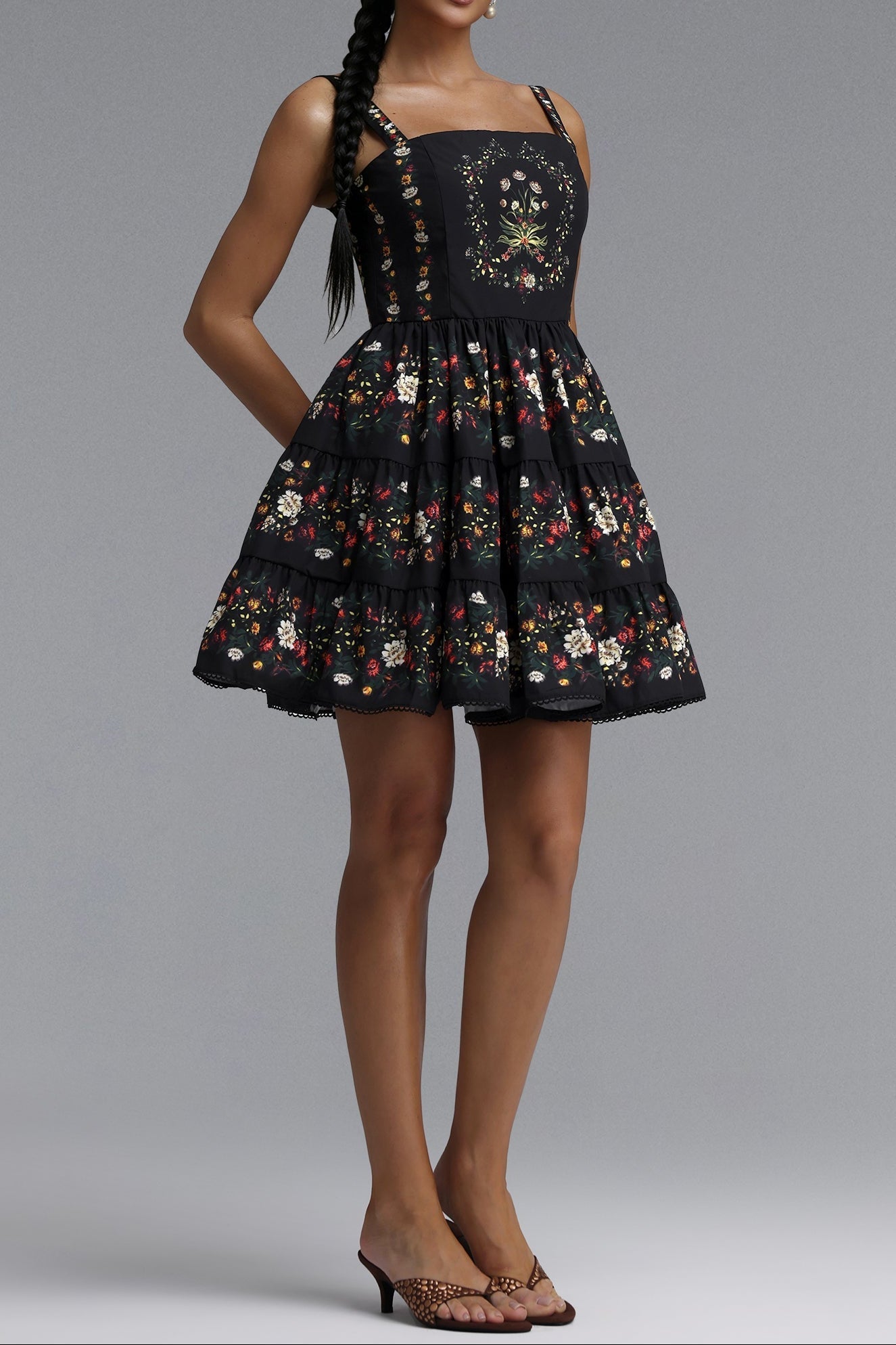 Square Neck Floral Print Strap Mini Dress