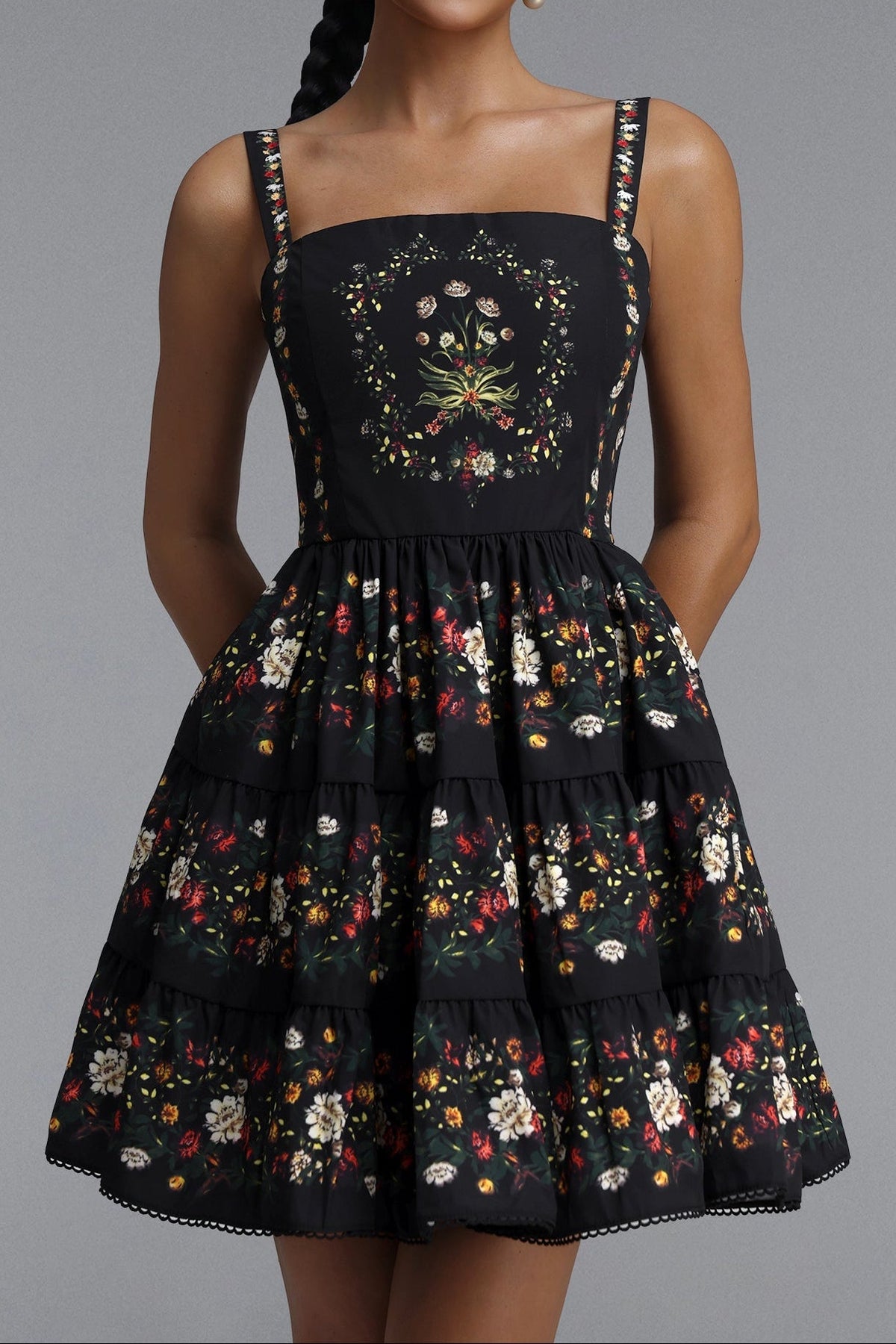 Square Neck Floral Print Strap Mini Dress