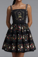 Square Neck Floral Print Strap Mini Dress