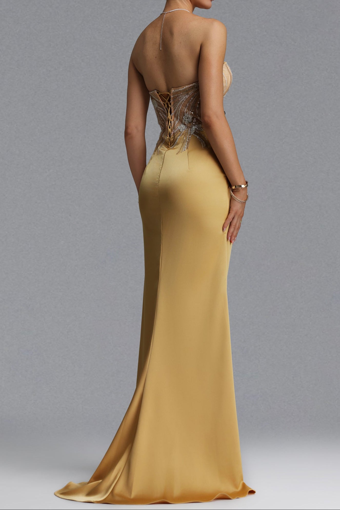 Rhinestone Mesh Ruffle Satin Evening Gown