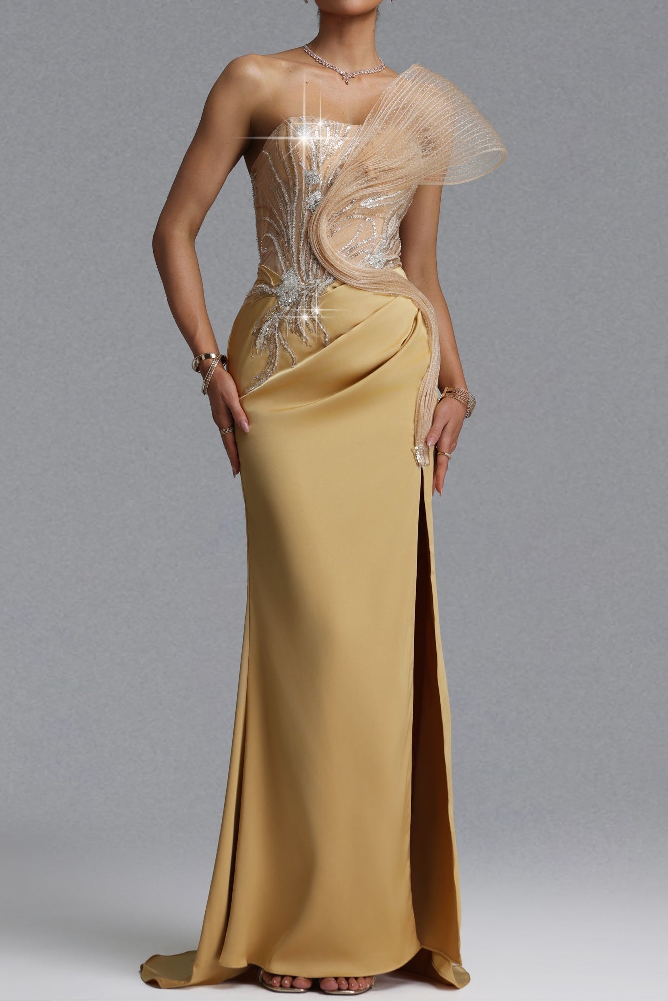 Rhinestone Mesh Ruffle Satin Evening Gown