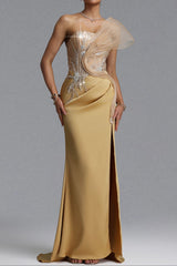 Rhinestone Mesh Ruffle Satin Evening Gown