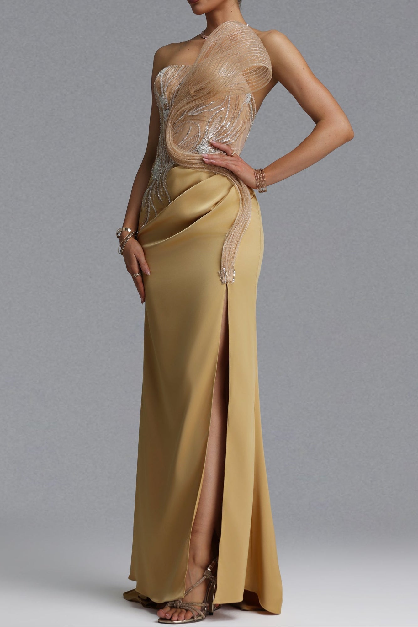 Rhinestone Mesh Ruffle Satin Evening Gown