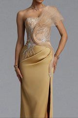 Rhinestone Mesh Ruffle Satin Evening Gown
