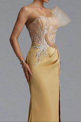 Rhinestone Mesh Ruffle Satin Evening Gown