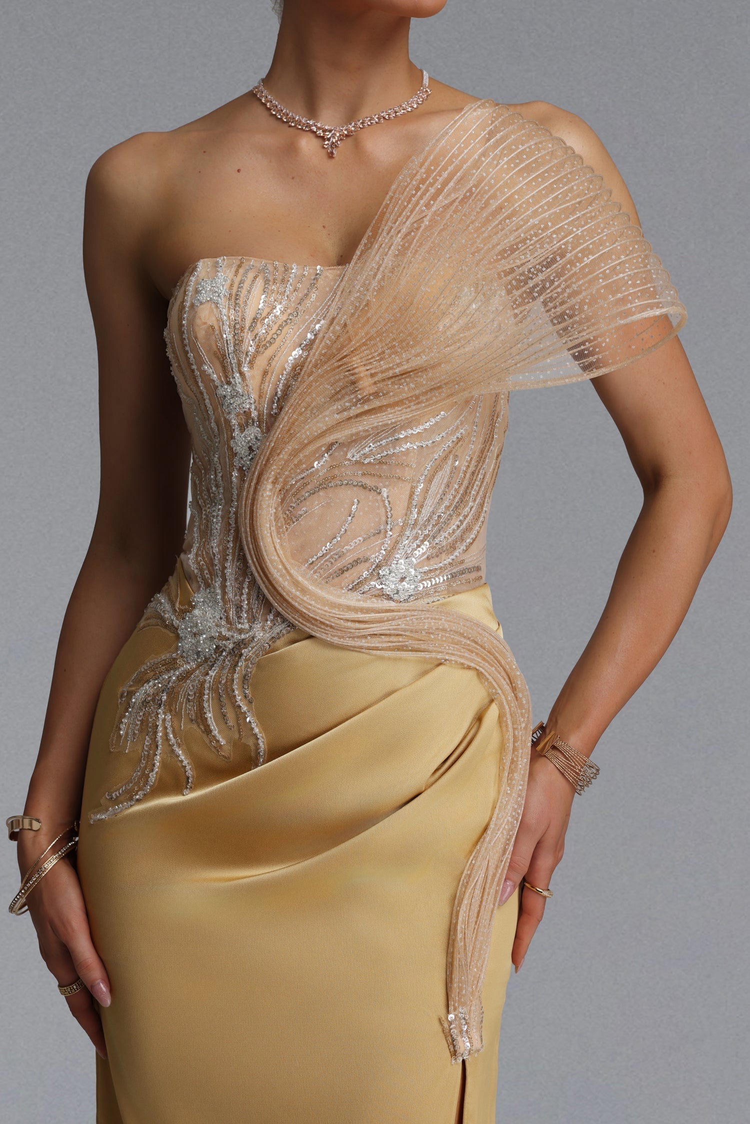 Rhinestone Mesh Ruffle Satin Evening Gown