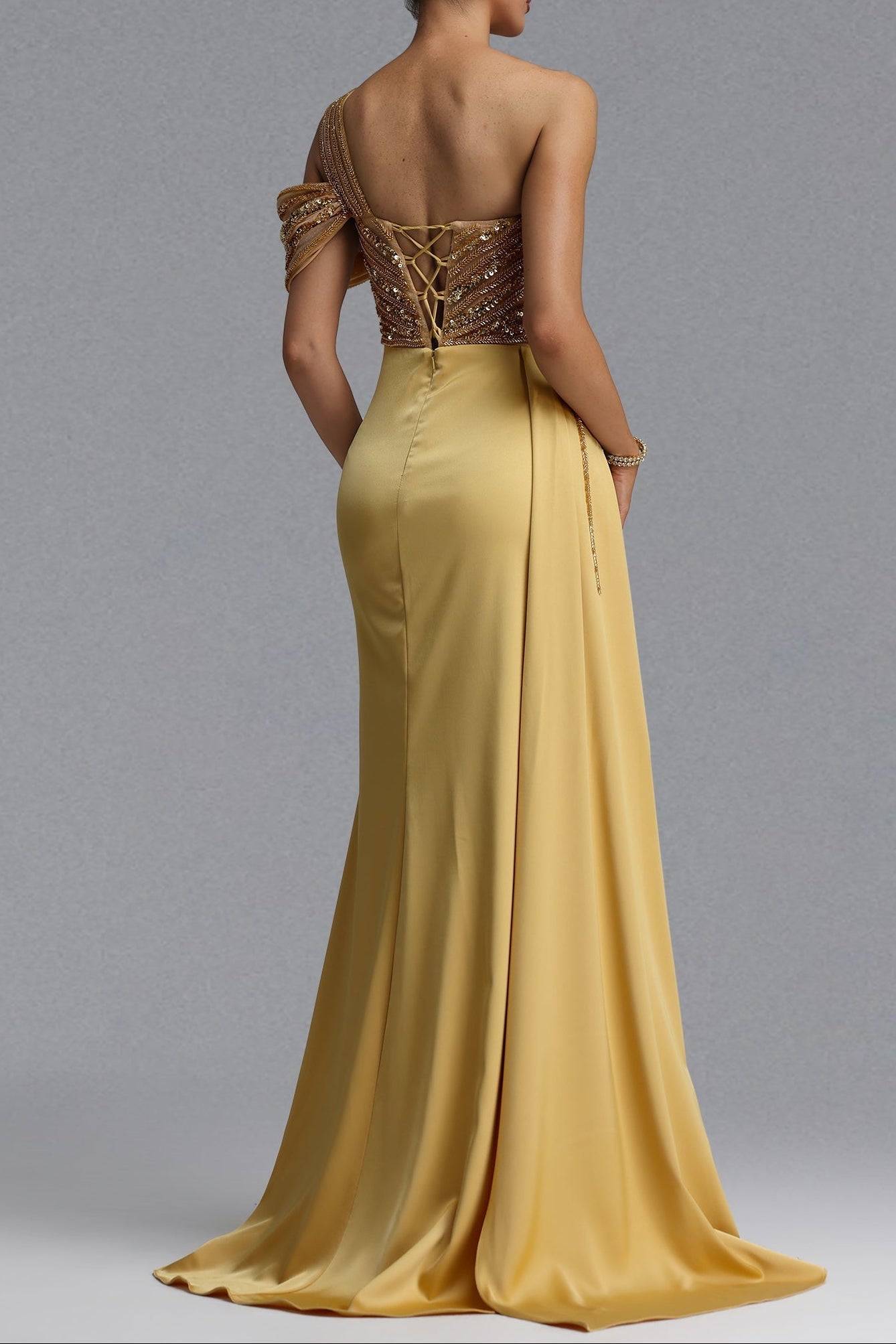 One Shoulder Mesh Satin Evening Gown