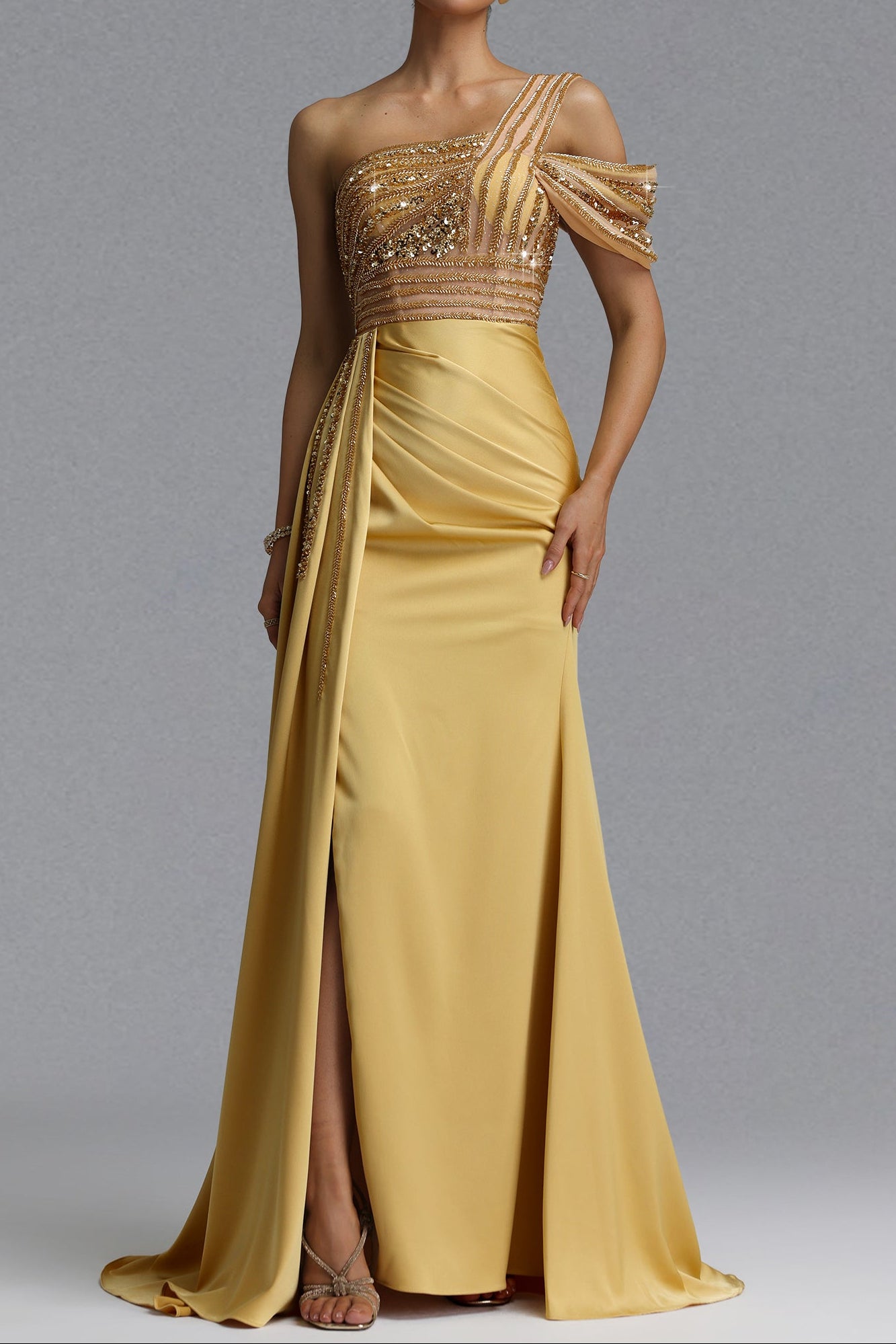 One Shoulder Mesh Satin Evening Gown