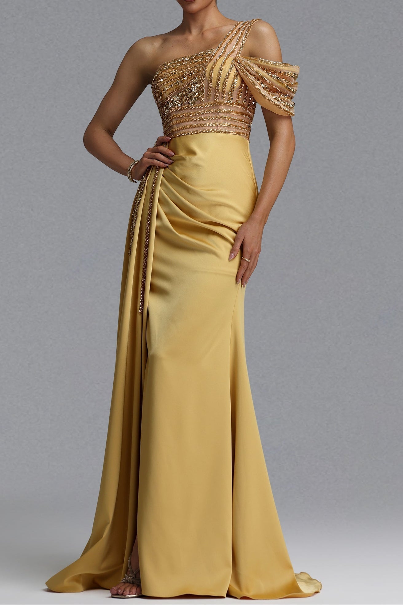 One Shoulder Mesh Satin Evening Gown