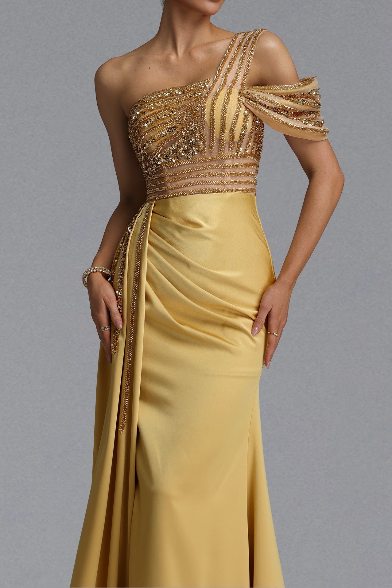 One Shoulder Mesh Satin Evening Gown