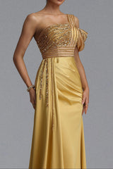 One Shoulder Mesh Satin Evening Gown