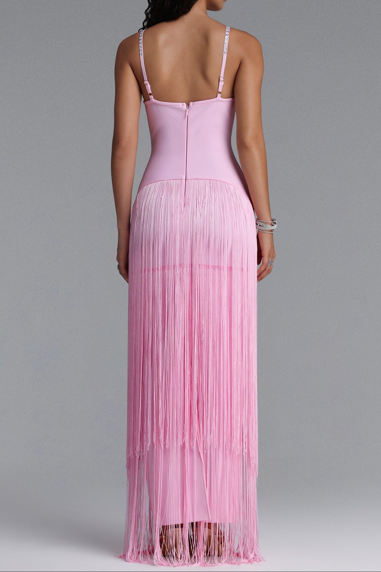 Rhinestone Floral Fringe Strap Maxi Dress