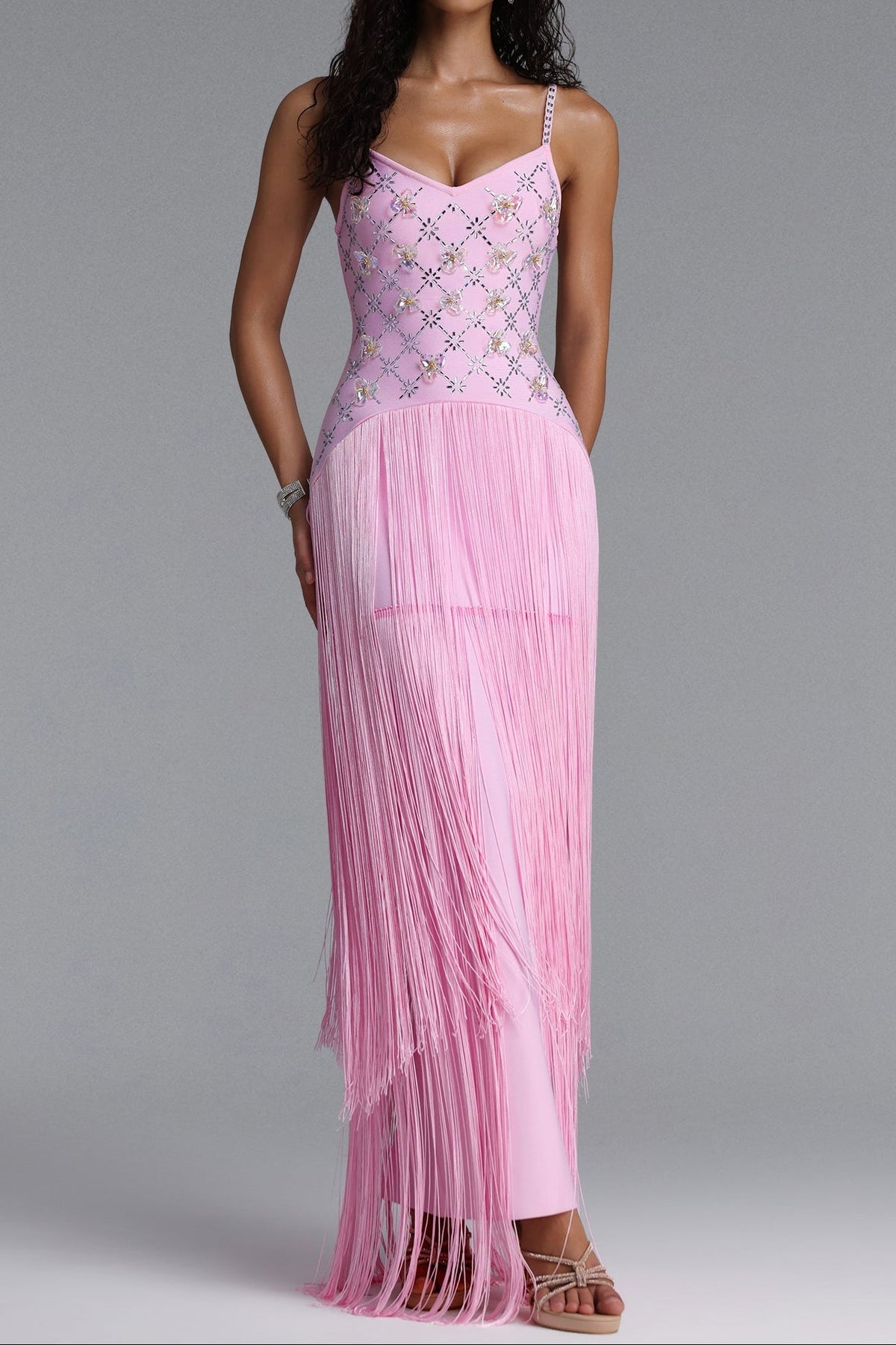 Rhinestone Floral Fringe Strap Maxi Dress