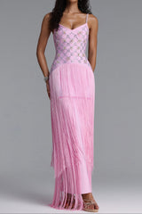Rhinestone Floral Fringe Strap Maxi Dress