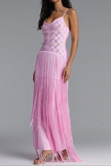 Rhinestone Floral Fringe Strap Maxi Dress
