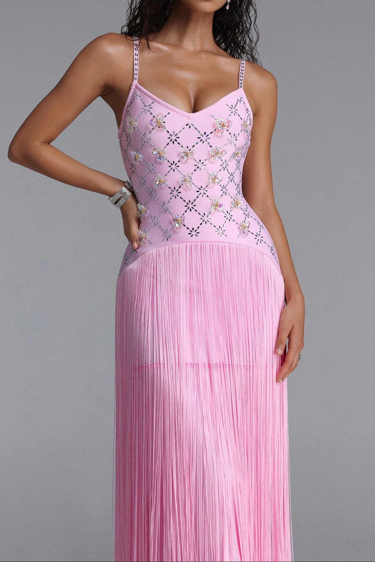 Rhinestone Floral Fringe Strap Maxi Dress