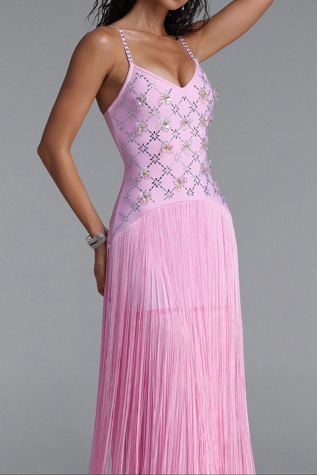 Rhinestone Floral Fringe Strap Maxi Dress