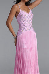 Rhinestone Floral Fringe Strap Maxi Dress