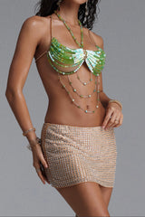 Gradient Green Bead Halter Multi-Body Chain Top