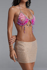 Bead Crystal Chain Halter Crop Top
