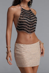 Black Crystal Silver Chain Halter Crop Top
