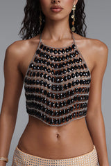 Black Crystal Silver Chain Halter Crop Top