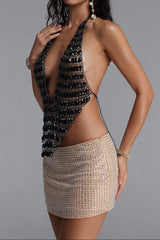 Black Crystal Chain Halter Deep V Crop Top