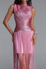 Twist High Neck Fringe Midi Dress