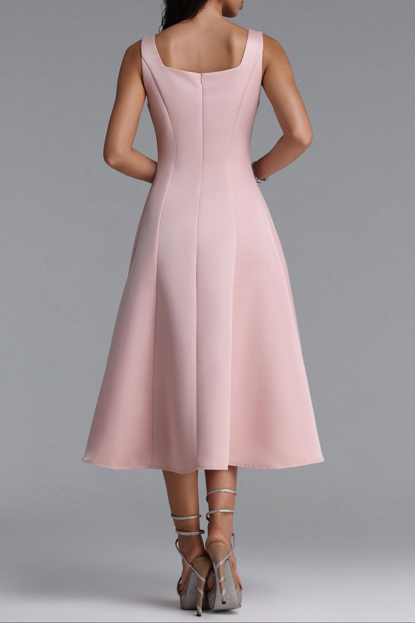 Square Strap Front Satin Midi Swing Dress