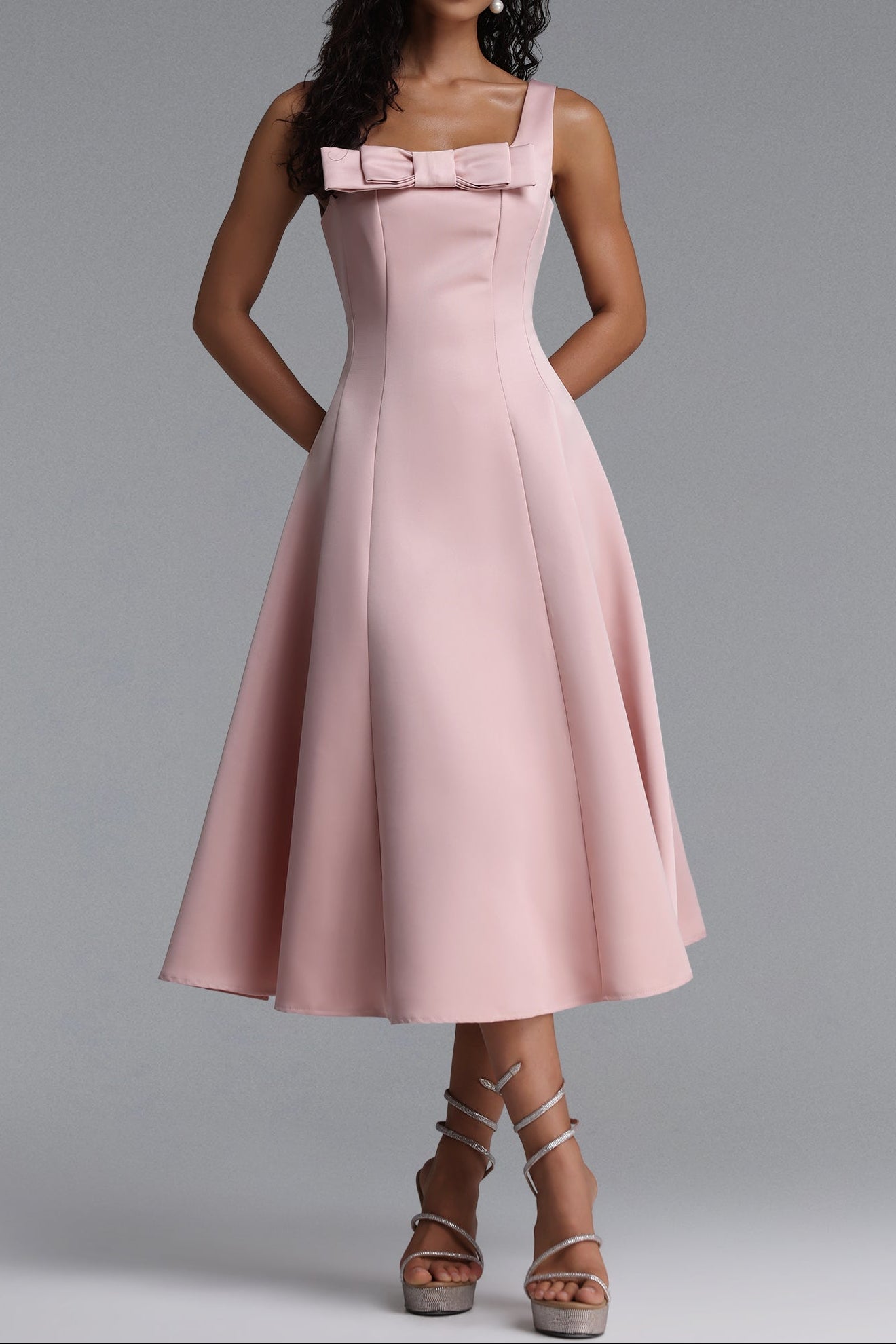 Square Strap Front Satin Midi Swing Dress