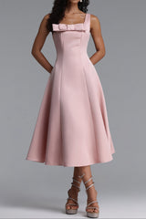 Square Strap Front Satin Midi Swing Dress
