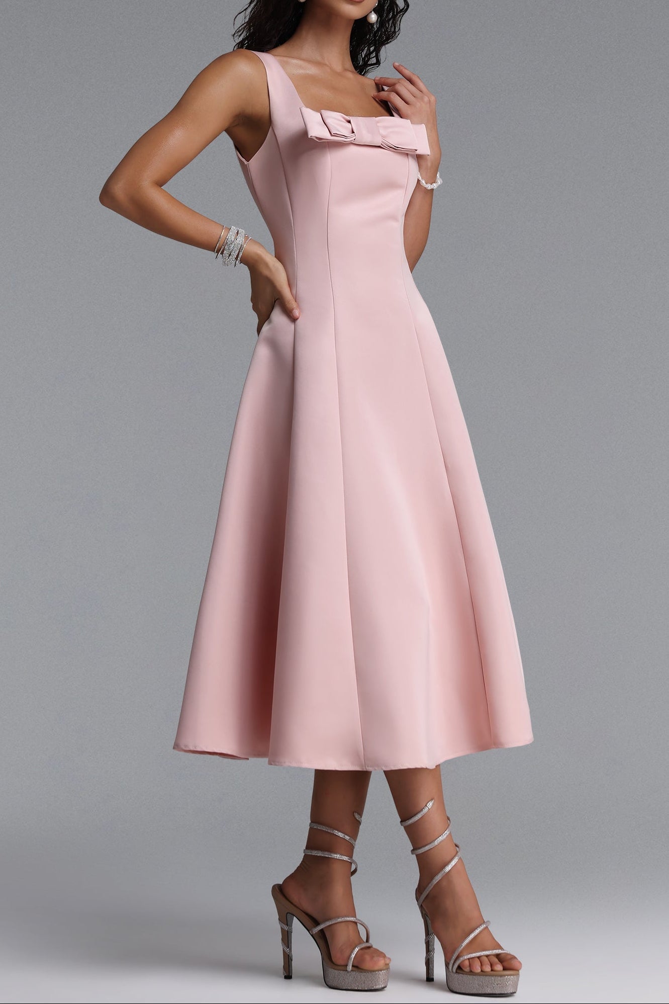 Square Strap Front Satin Midi Swing Dress