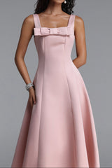 Square Strap Front Satin Midi Swing Dress