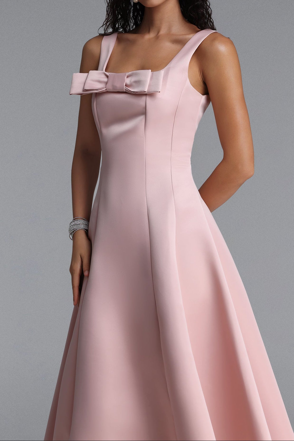 Square Strap Front Satin Midi Swing Dress