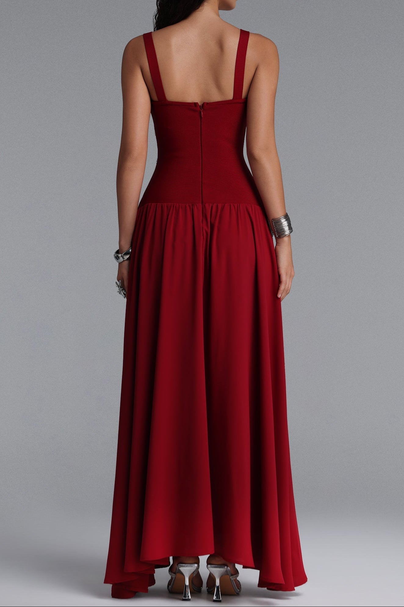 Square Strap Grid Rhinestone Flowy Maxi Dress