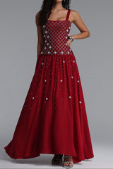 Square Strap Grid Rhinestone Flowy Maxi Dress