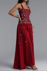 Square Strap Grid Rhinestone Flowy Maxi Dress