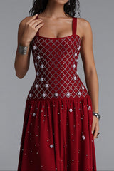 Square Strap Grid Rhinestone Flowy Maxi Dress