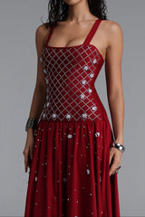 Square Strap Grid Rhinestone Flowy Maxi Dress